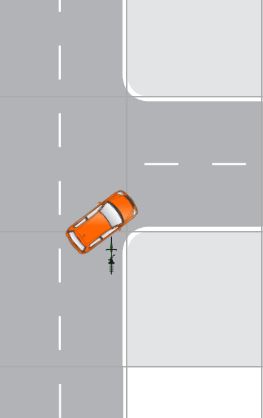 Diagram of bike rider heading straight down a street. Car traveling in the same direction attempt to make a right hand turn. The bicyclist crashes into the side of the car.