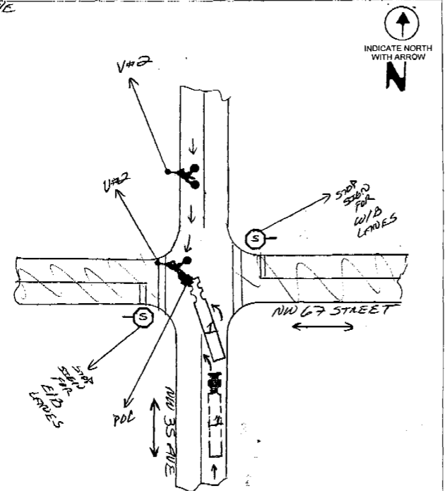 Florida traffic crash report diagram showing truck making a left hand turn and hitting a motorcycle rider