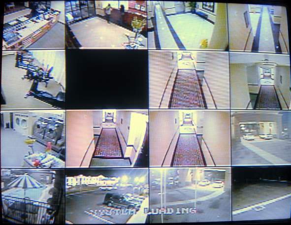 A real cctv security system with multiple camera views of a hotel.