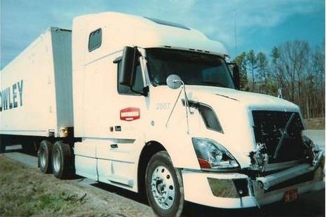 front damage to 18 wheeler tractor trailer after crash