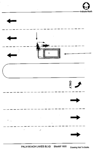 Diagram from crash report. Pedestrian in middle of the street gets hit by a car