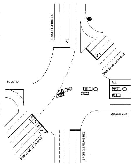 Crash diagram from crash at Grand Avenue and Lejuene in Miami, FLorida