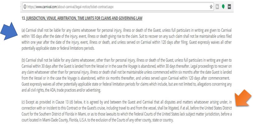 Carnival cruise - time to sue in federal court in Miami - passenger ticket