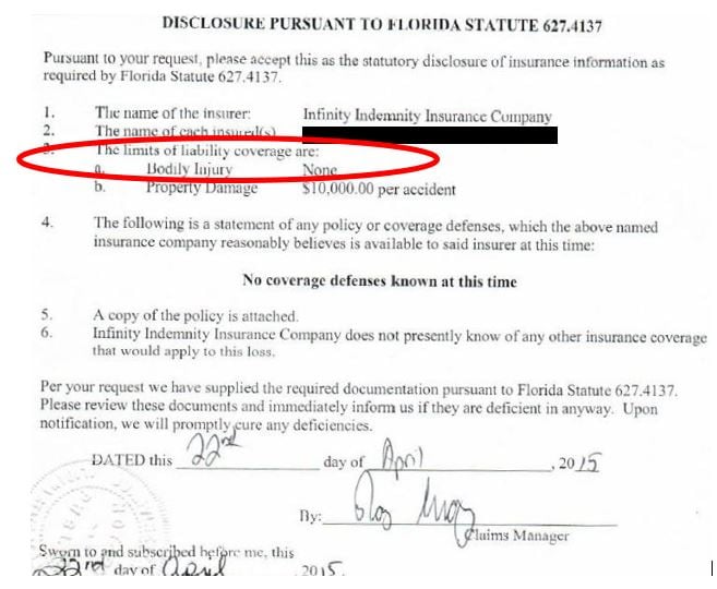 disclosure pursuant to florida statute 627.4137 - limits of liability coverage - bodily injury - none