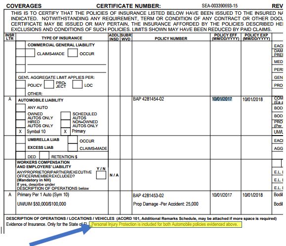 lyft certificate of insurance - PIP on all auto policies