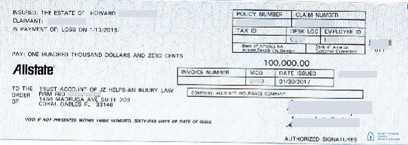 Allstate’s $100k settlement check (info redacted)