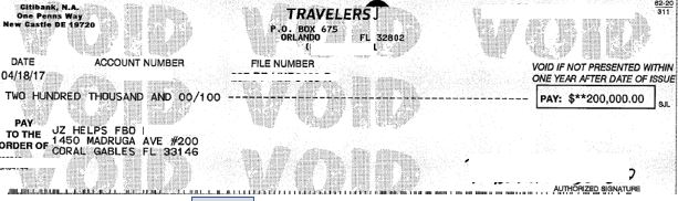 $200k Travelers insurance settlement check