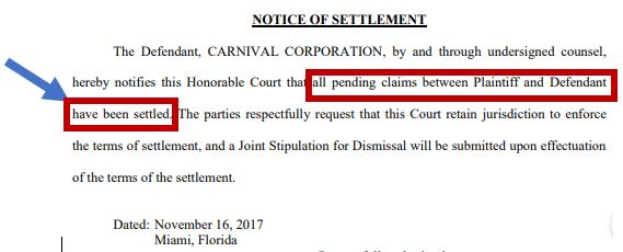 Notice of Settlement - Cosmo v Carnival