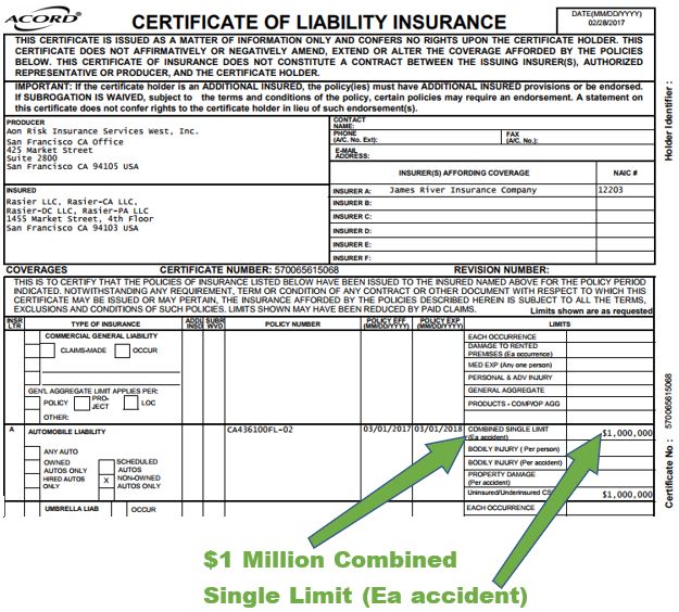 Uber $1 Million combined single limit each accident