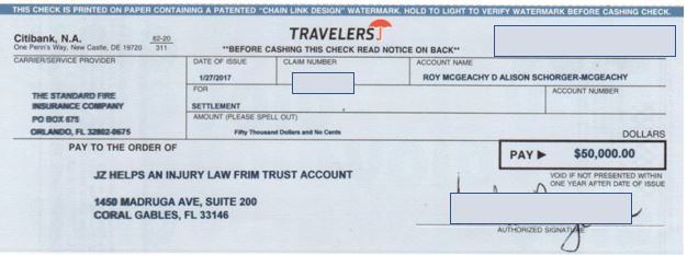 Travelers Insurance settlement check - motorcycle crash $50k