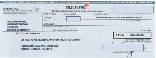 Travelers Insurance settlement check for car accident