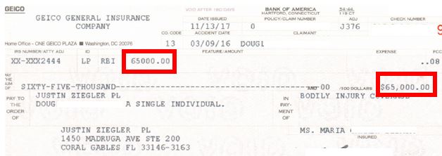 GEICO $65K settlement check