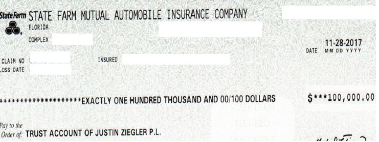 State Farm $100k check for a rear end car accident case