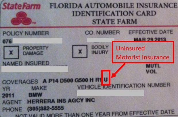 State Farm insurance card showing uninsured motorist insurance letter "U"