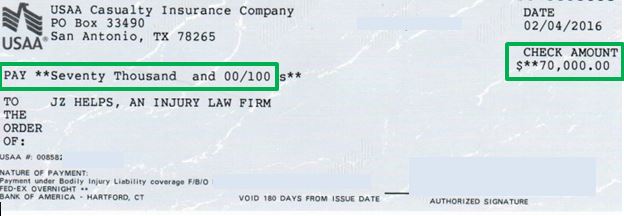 USAA $70K BI liability settlement check