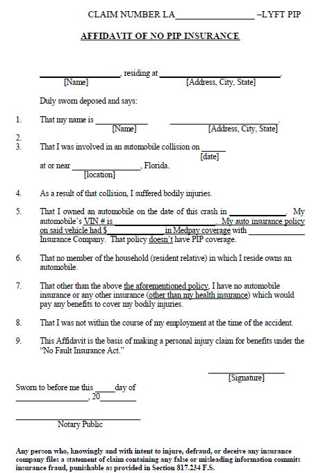 Lyft PIP affidavit - out of state visitor - no PIP on out of state automobile