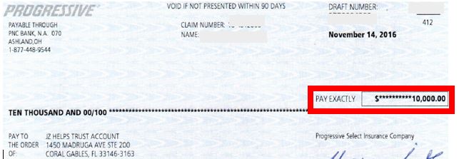 $10k Progressive Check for bodily injury liability settlement