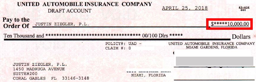 United Automobile Insurance Company (UAIC) settlement check for $10K