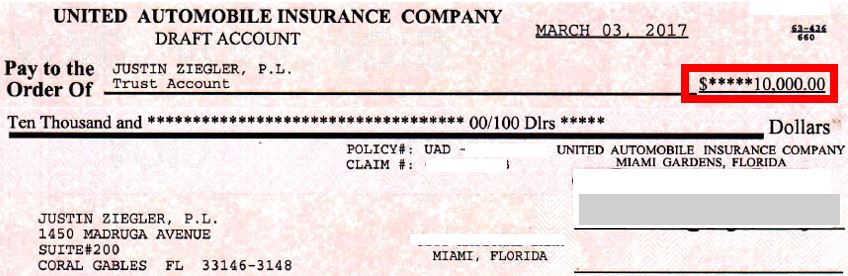 United Auto Insurance Company $10,000 check (bodily injury)