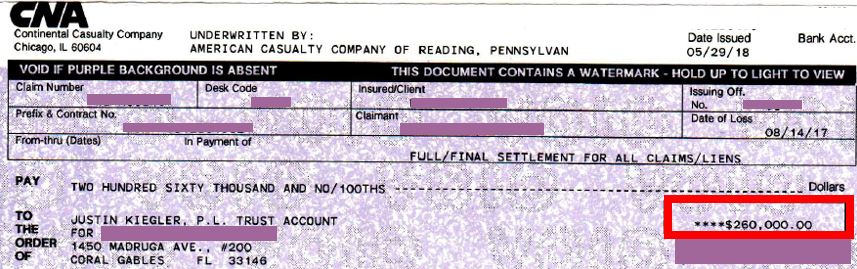 CNA (American Casualty Company of Reading, Pennsylvania) settlement check for $260K for injured driver in a Uber car accident