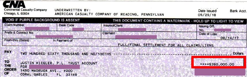 CNA Insurance $260K settlement check