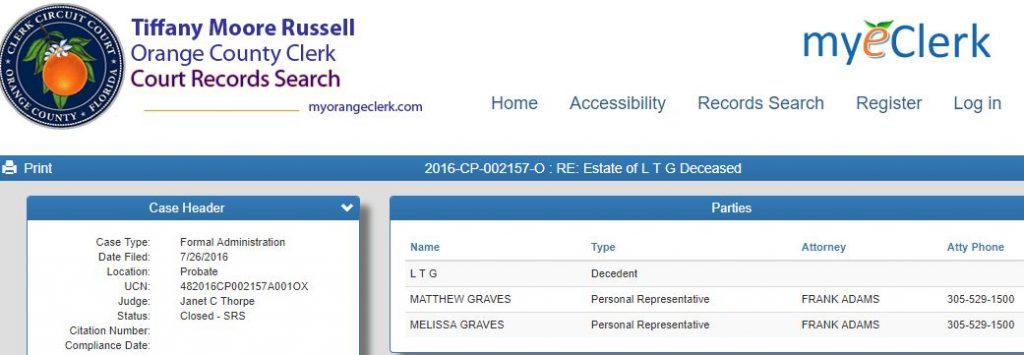 orange county clerk of court records - estate of LTG Deceased