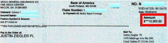 GEICO $10K settlement check for bodily injury liability insurance coverage