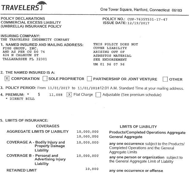 Travelers $10 million insurance policy for FIGG engineer