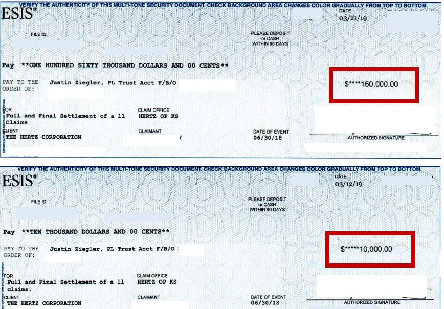 Two ESIS Settlement checks totaling $170K (Hertz)