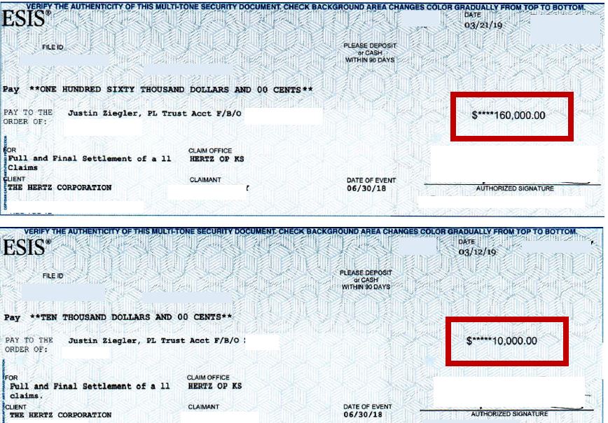 Two Hertz Settlement checks totaling 170K