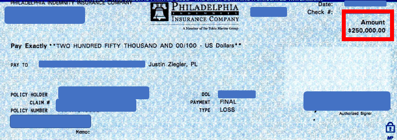 $250K settlement check from Philadelphia Insurance Companies (Philadelphia Indemnity)