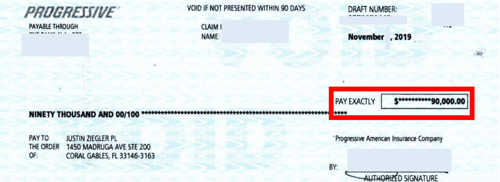 $90k Progressive settlement check to attorney Justin "JZ" Ziegler