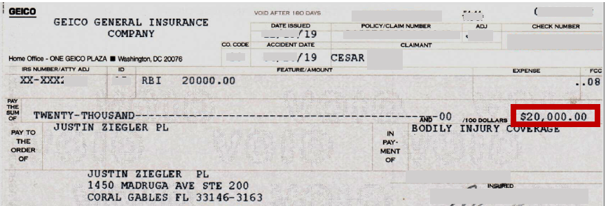GEICO's settlement check (redacted)