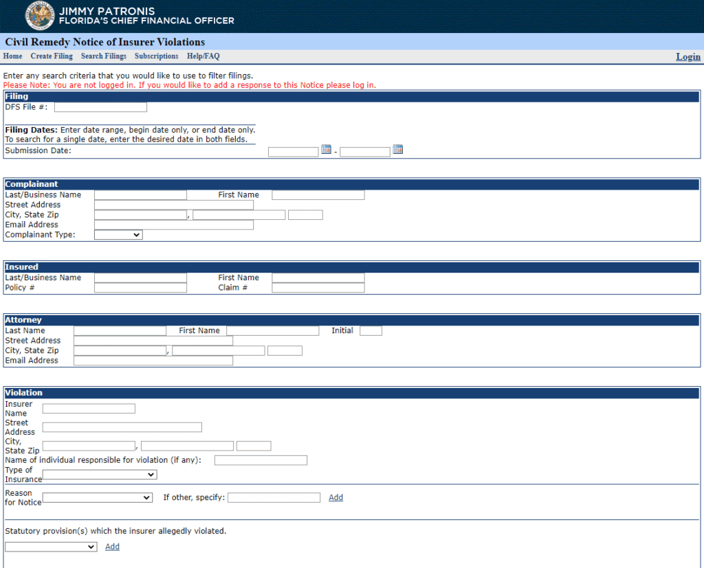 search for civil remedy notice of insurer violation filings 