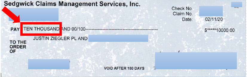 $10K Sedgwick Claims Management Services settlement check