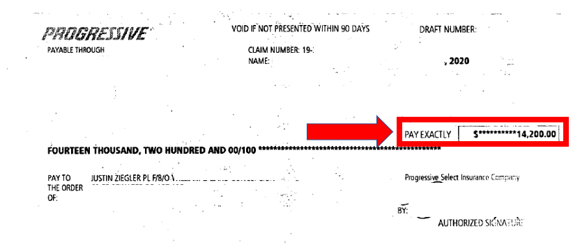 Progressive car accident settlement check for $14,200