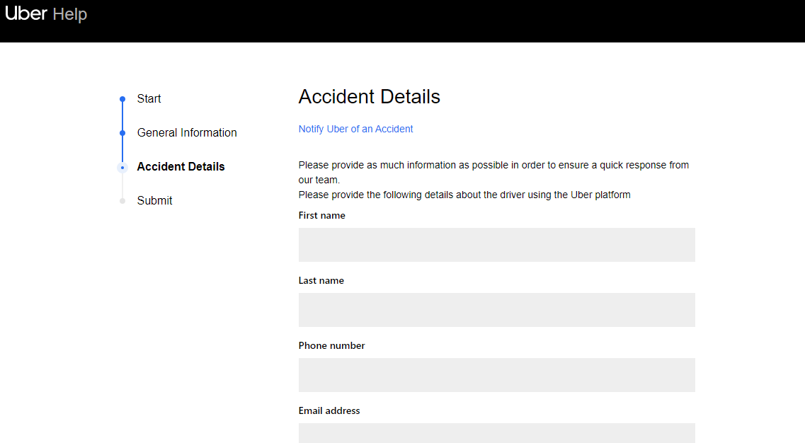 Uber accident details (notify Uber of an accident)