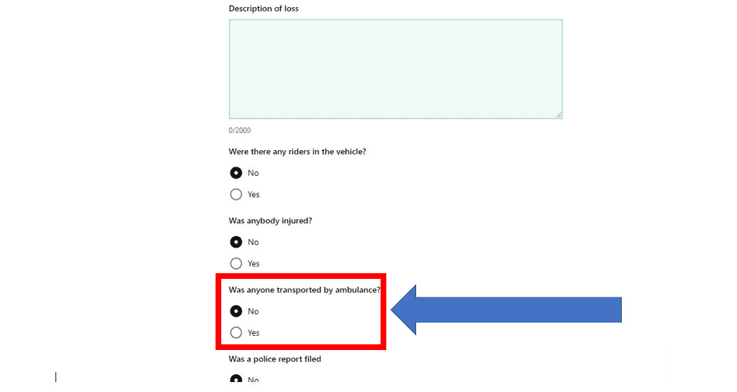 Uber accident form asks if anyone suffered personal injury in the accident and transported by ambulance