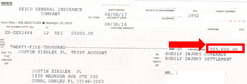 $25K GEICO car accident settlement check