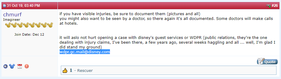 one internet user says Disney's injury claims email address wpdr.gc.mail@disney.com