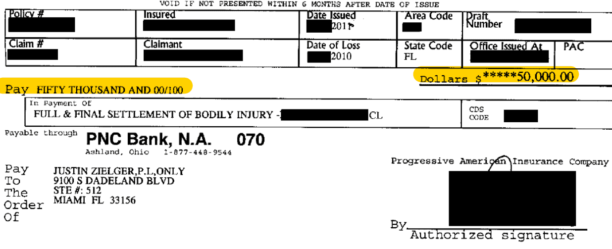 $50K Progressive car accident settlement check