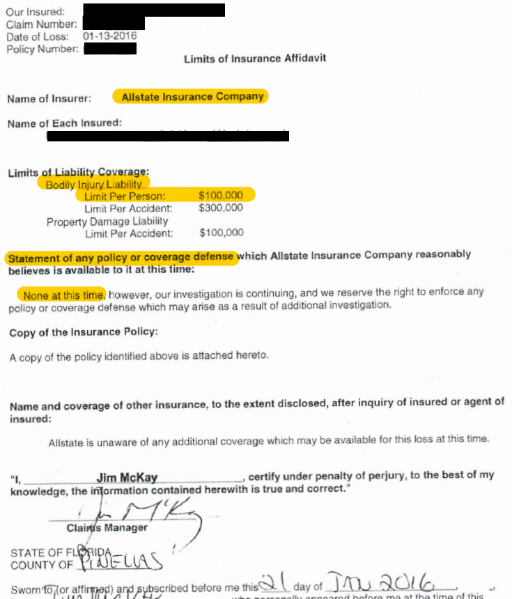 Allstate 627.4137 insurance disclosure response in a Florida car accident claim (shows bodily injury liability limits)