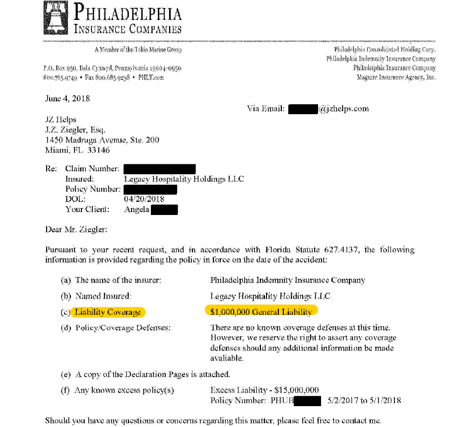 hotel insurance company's written response to an injury lawyer's request for its insurance information and limits