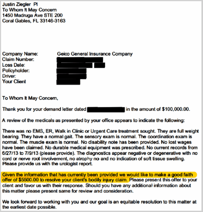 first settlement offer was $5,500 in a car accident case ($100K final payout)