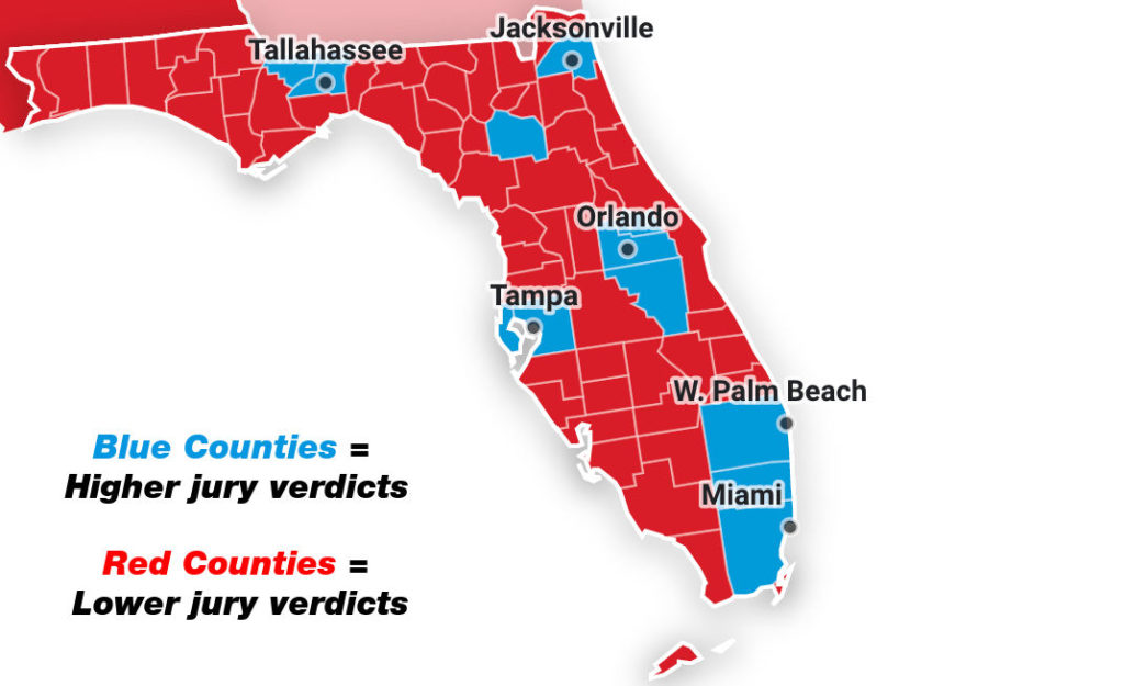 liberal vs conservative counties in Florida personal injury jury verdicts