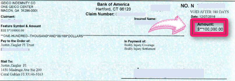 100k GEICO settlement check for nose fracture and herniated disc - redacted