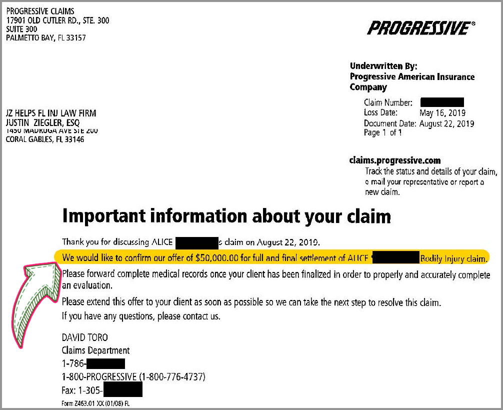 letter with $50K settlement offer from Progressive (car hit pedestrian in Florida)