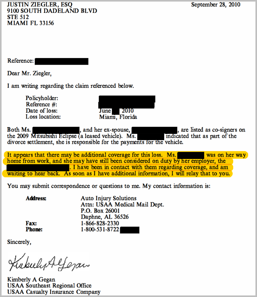 USAA letter to attorney saying their may be additional bodily injury coverage