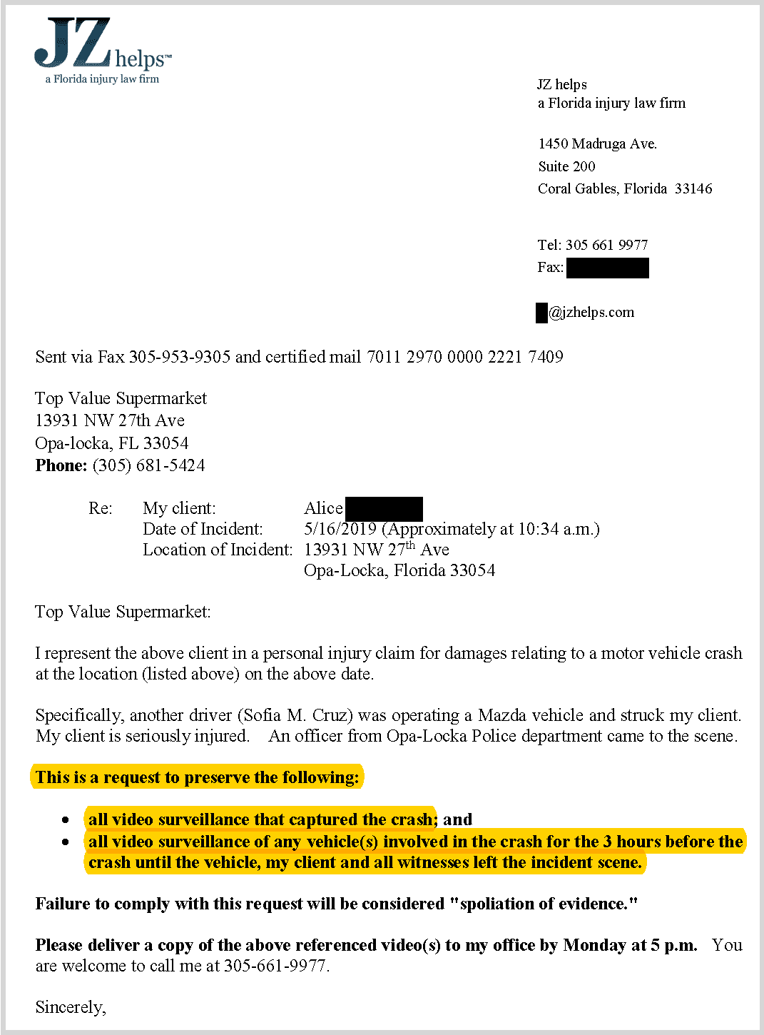 letter sent by Miami pedestrian attorney JZ to supermarket asking it to preserve evidence of pedestrian getting hit by a car