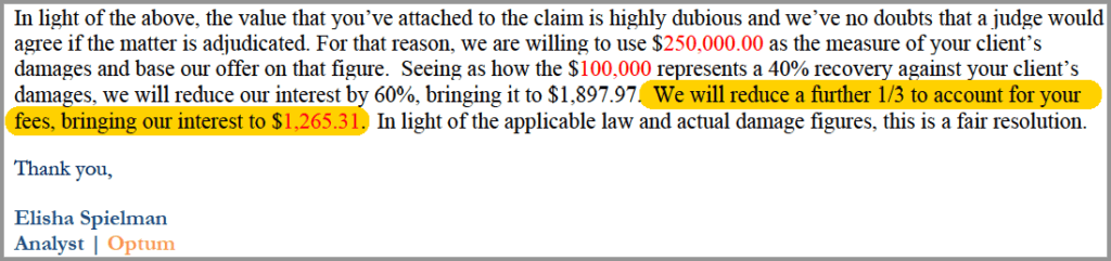 email from Optum accepting reduced payback amount from car accident settlement and rationale